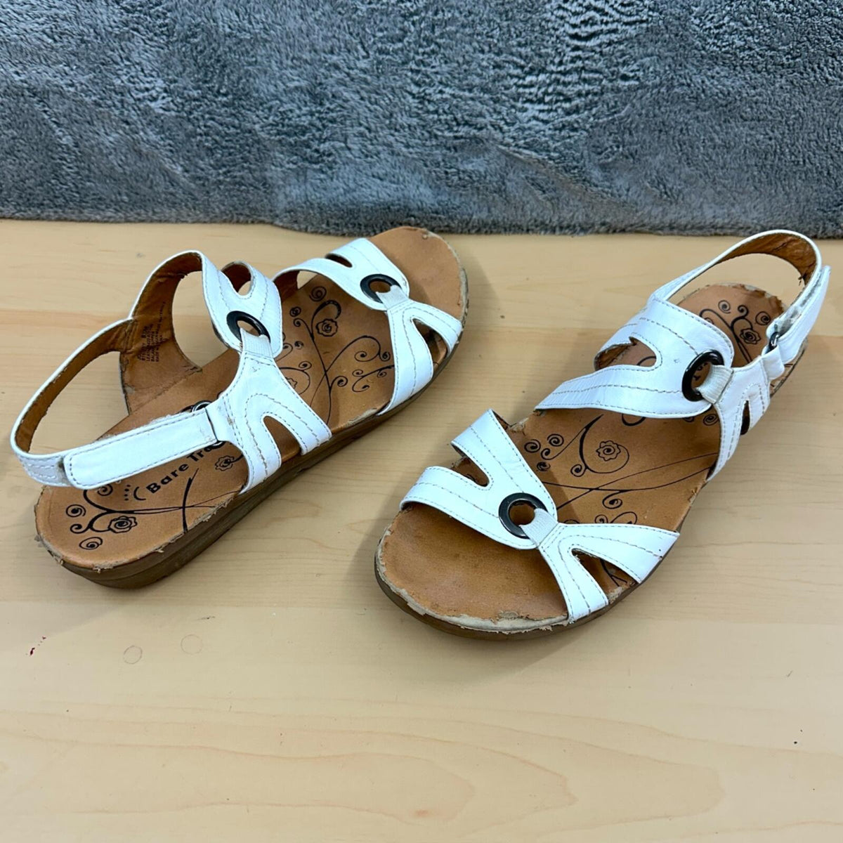 Baretraps White Leather Slingback Sandals with Floral Vine Print Footbed