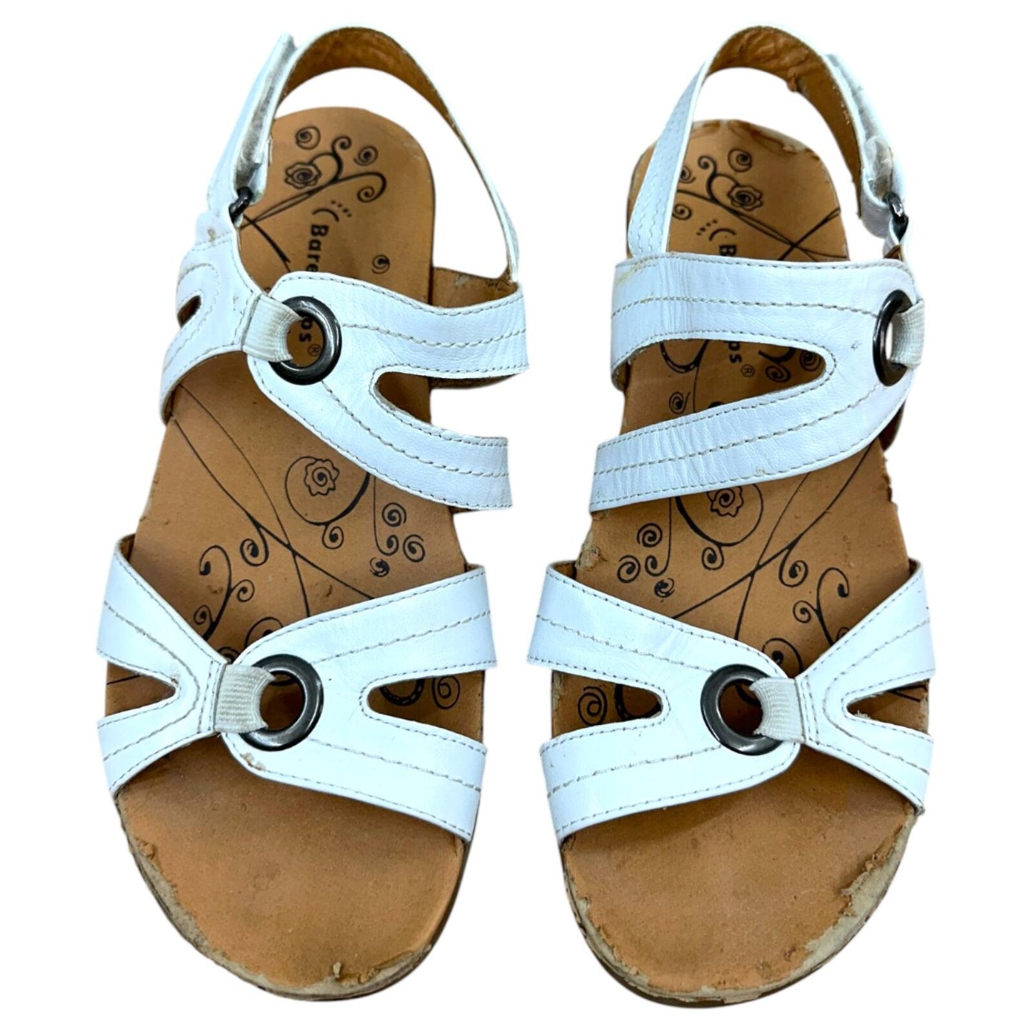 Baretraps White Leather Slingback Sandals with Floral Vine Print Footbed