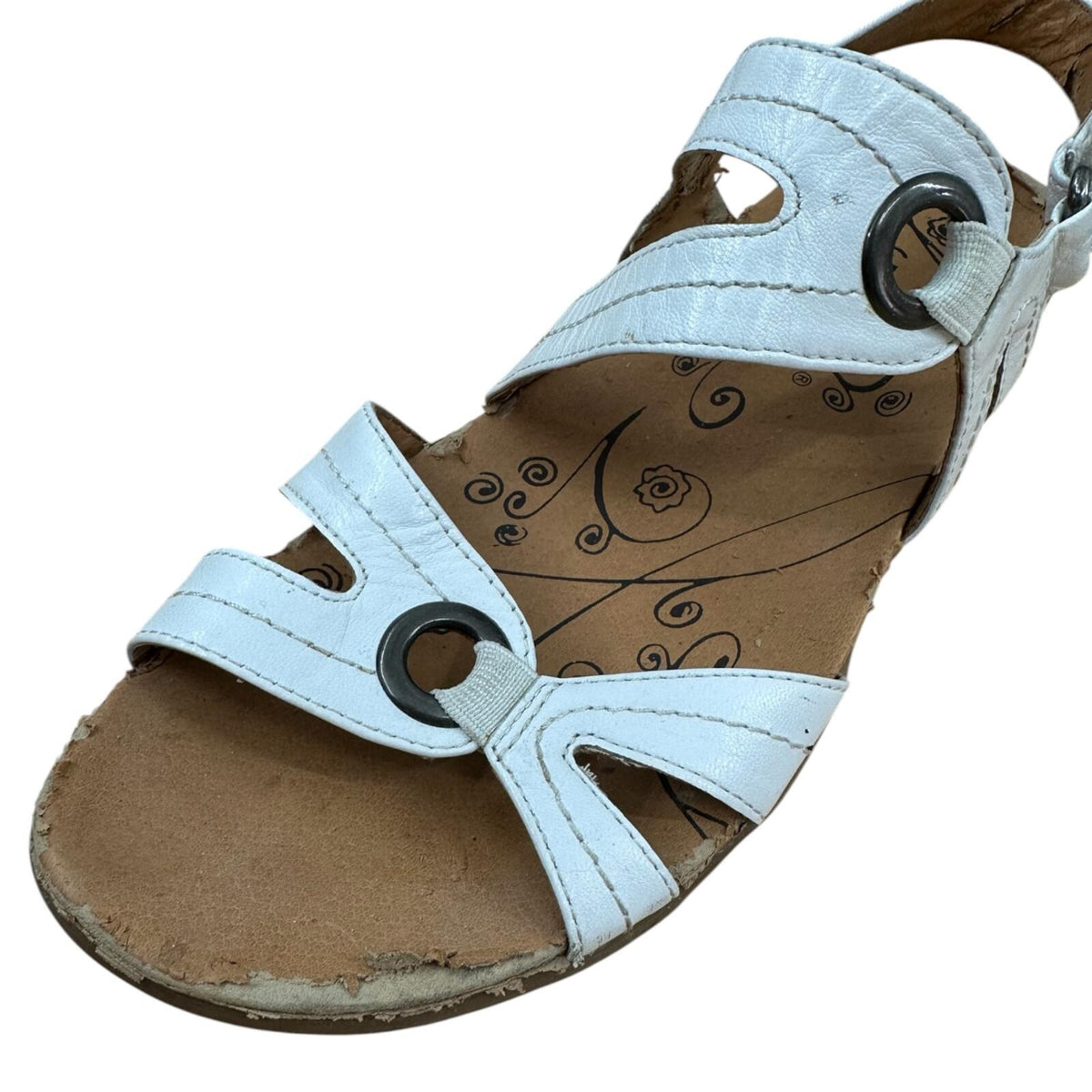 Baretraps White Leather Slingback Sandals with Floral Vine Print Footbed
