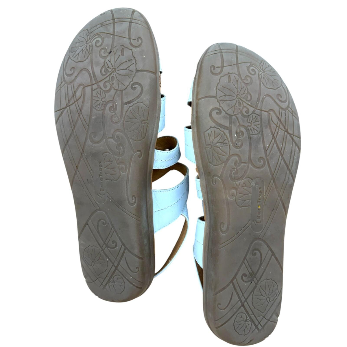 Baretraps White Leather Slingback Sandals with Floral Vine Print Footbed