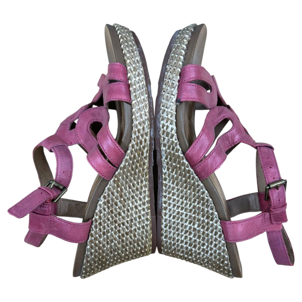 Rockport Cobb Hill Hannah Coral Pink Leather Wedge Espadrille Sandals Boho Chic