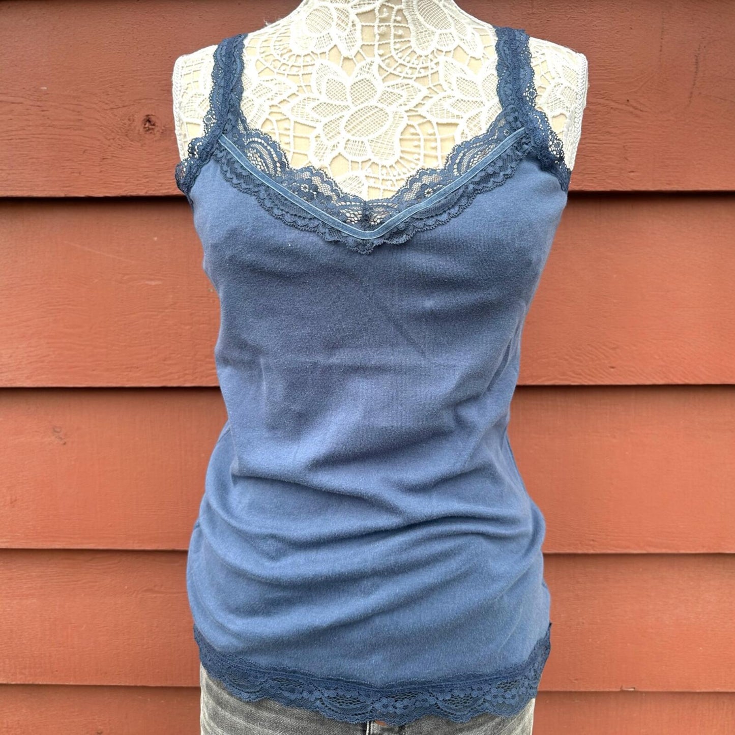 Y2K SO Navy Blue Lace Trim V Neck Camisole