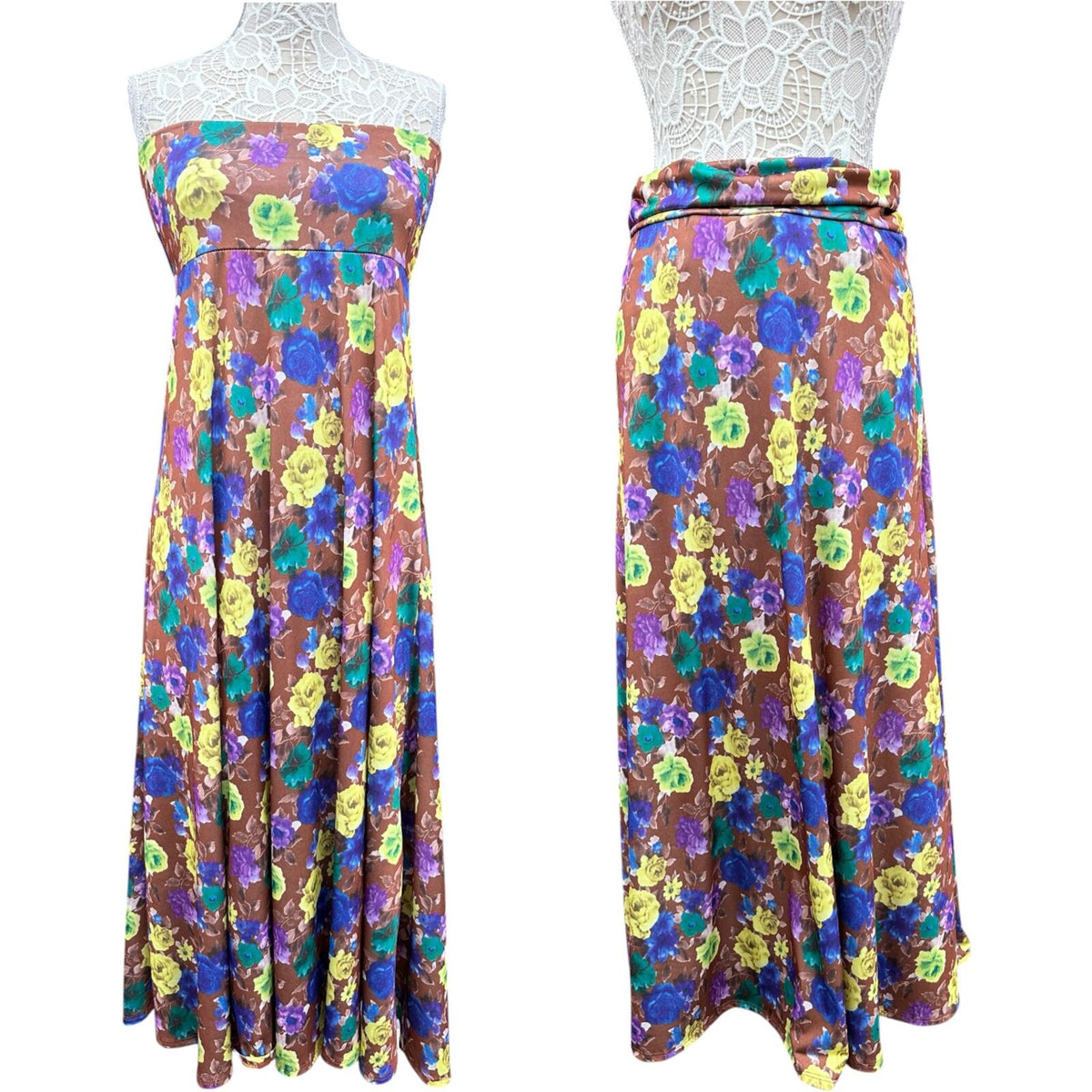 LuLaRoe Y2K Boho Whimsigoth Floral Strapless Maxi Dress or Fold Over Skirt Brown