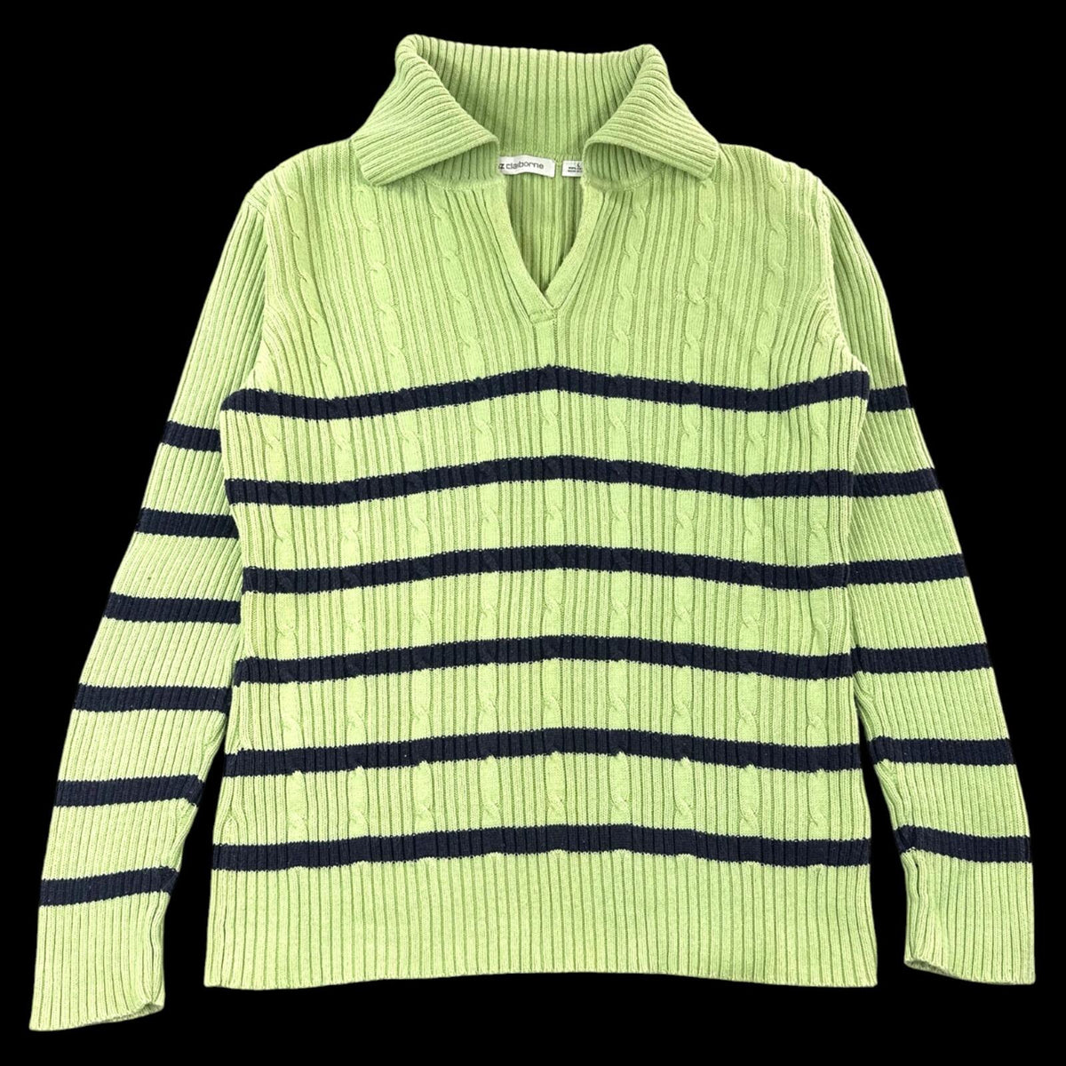 Liz Claiborne Lime Green Navy Cable Knit Sweater with Split Collar Polo Neck 90s