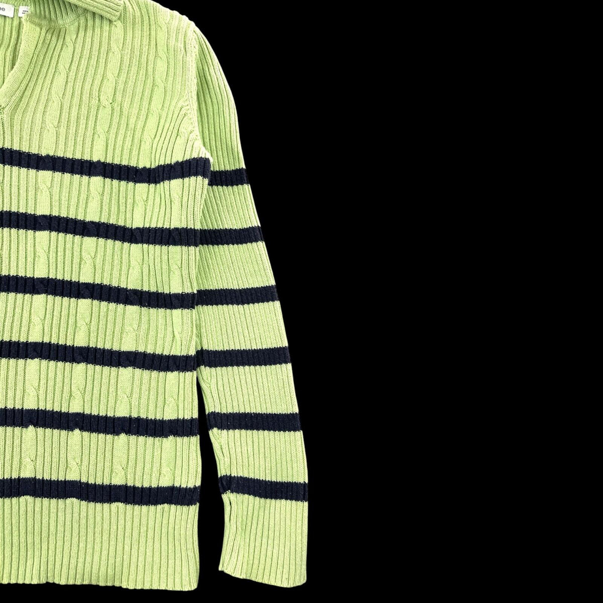 Liz Claiborne Lime Green Navy Cable Knit Sweater with Split Collar Polo Neck 90s