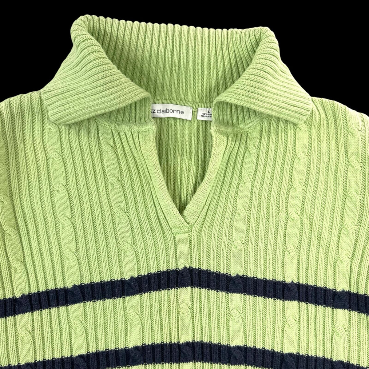 Liz Claiborne Lime Green Navy Cable Knit Sweater with Split Collar Polo Neck 90s