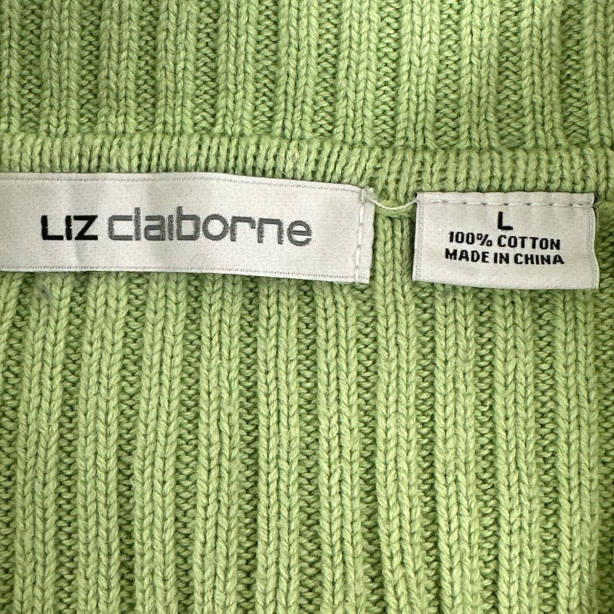 Liz Claiborne Lime Green Navy Cable Knit Sweater with Split Collar Polo Neck 90s