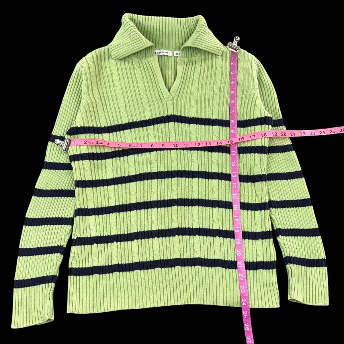 Liz Claiborne Lime Green Navy Cable Knit Sweater with Split Collar Polo Neck 90s