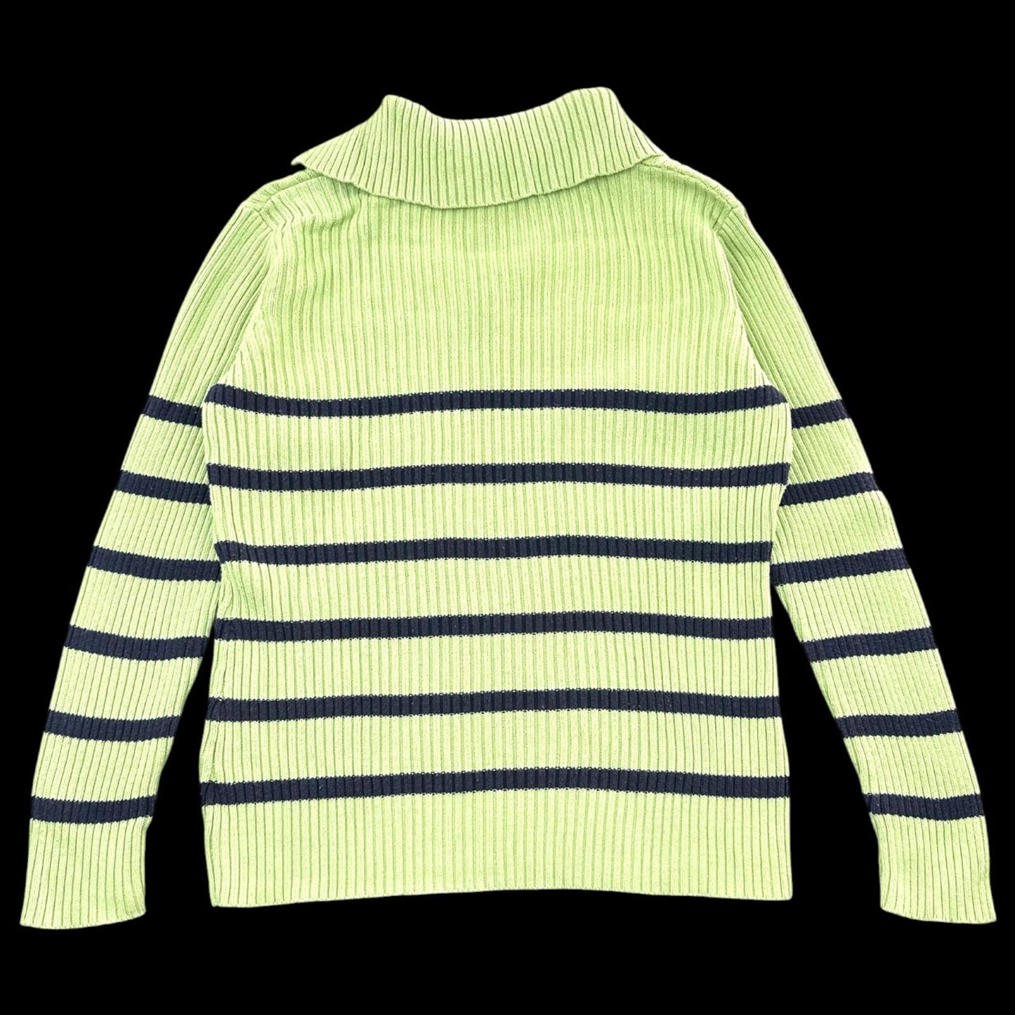 Liz Claiborne Lime Green Navy Cable Knit Sweater with Split Collar Polo Neck 90s