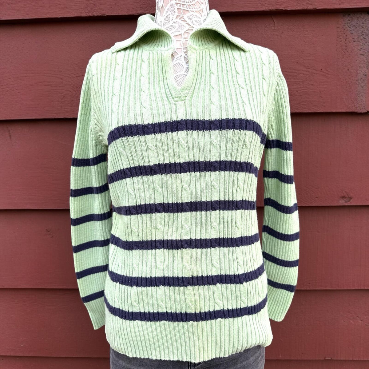Liz Claiborne Lime Green Navy Cable Knit Sweater with Split Collar Polo Neck 90s