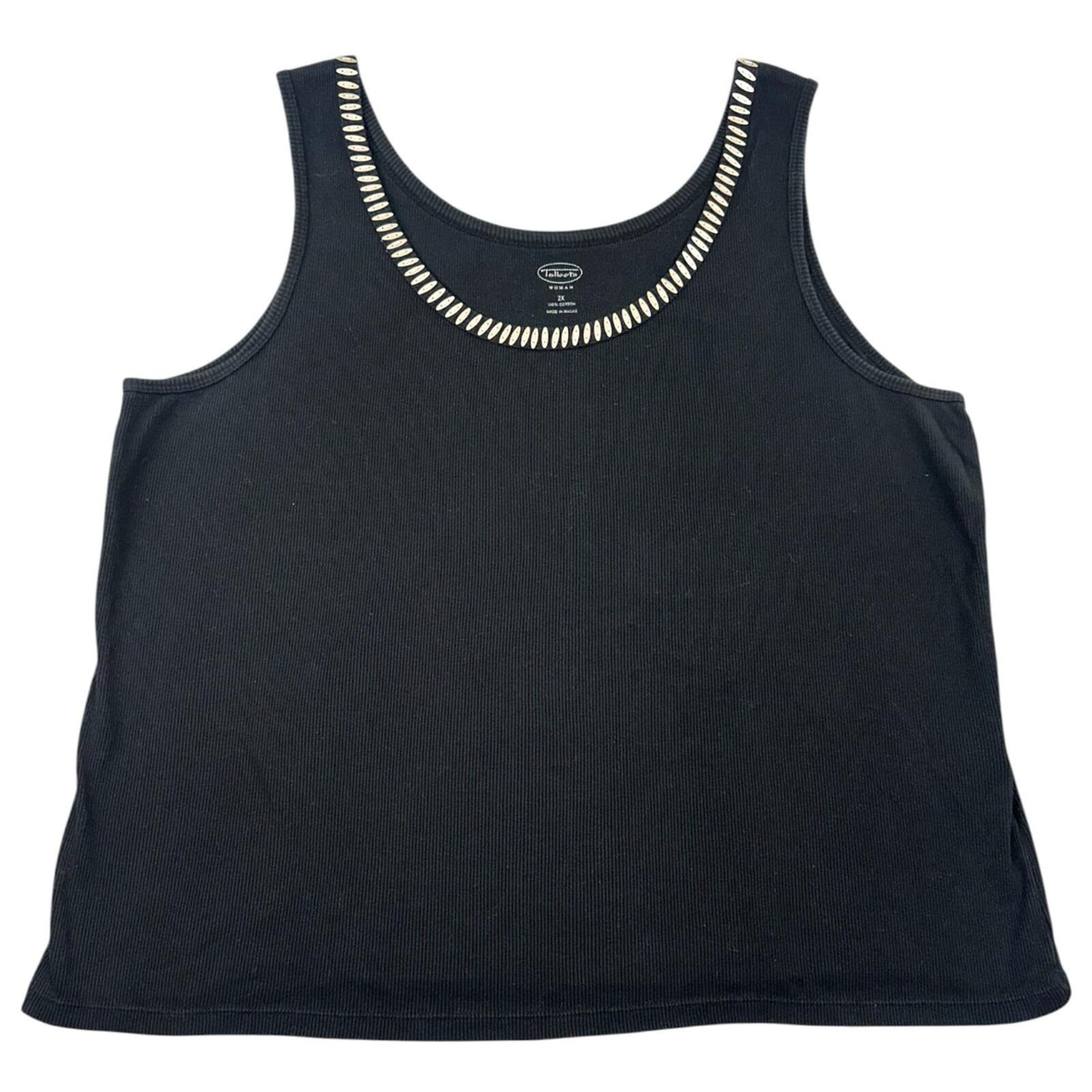 Talbots Black Ribbed Cotton Tank Top with Silver Beaded Scoop Neckline