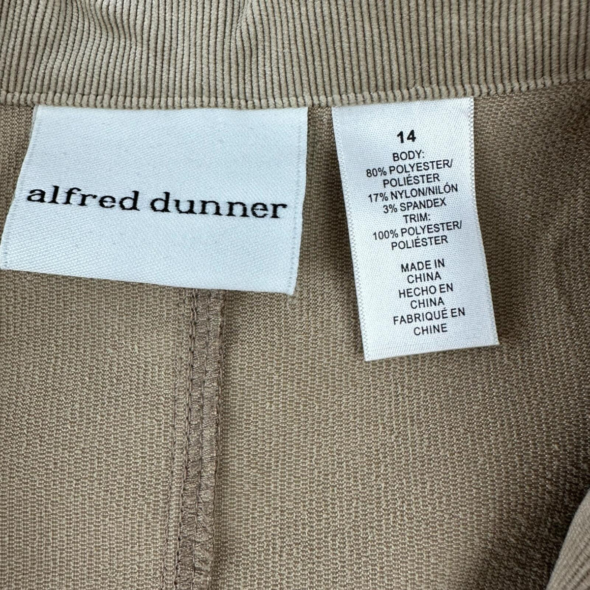 Alfred Dunner Corduroy Two Piece Pant Suit Set in Beige
