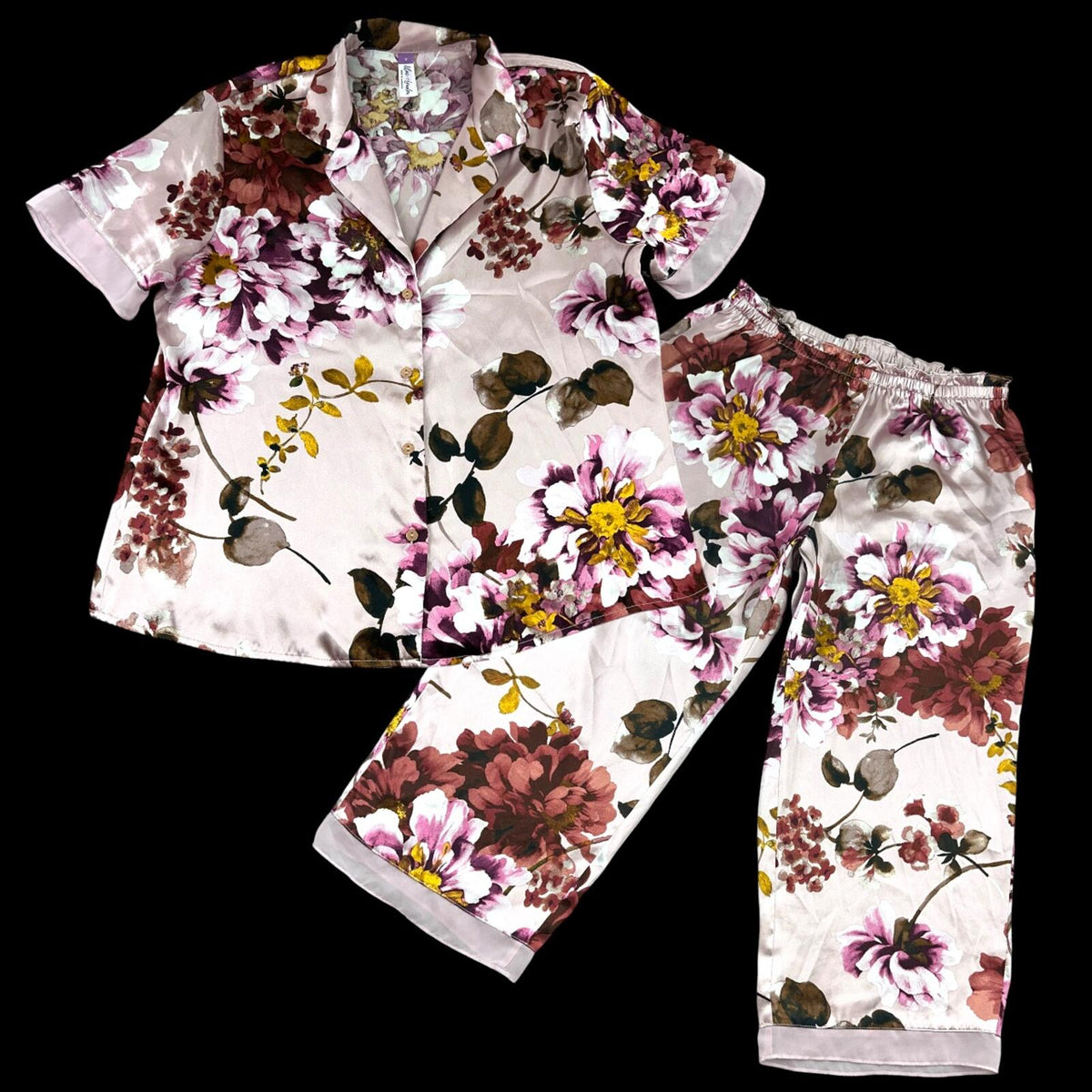 Lilac & London Whimsigoth Satin Floral Pajama Set Pink Purple Coquette