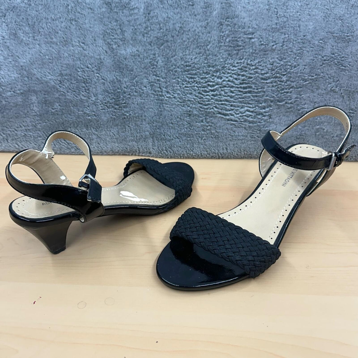 Adrienne Vittadini Carinda Black Patent Leather Kitten Heel Sandals