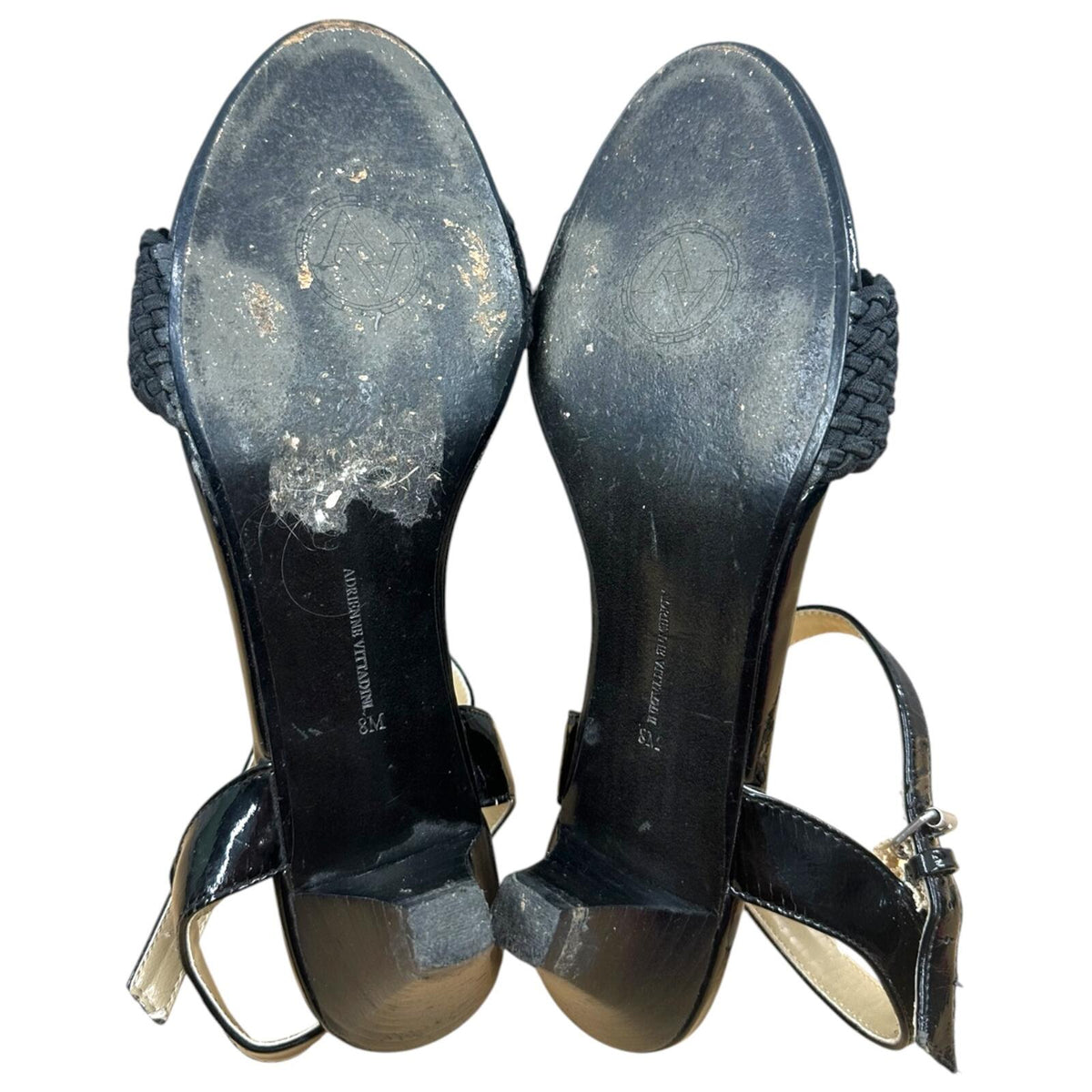 Adrienne Vittadini Carinda Black Patent Leather Kitten Heel Sandals