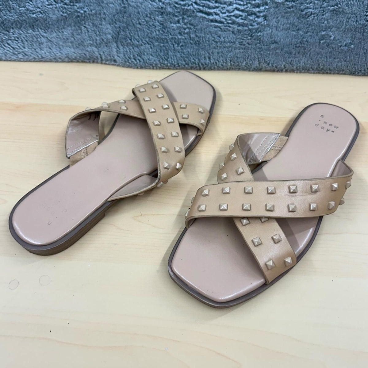 a new day Emmy Studded Crossband Sandals in Beige Tan Modern Minimalist Square