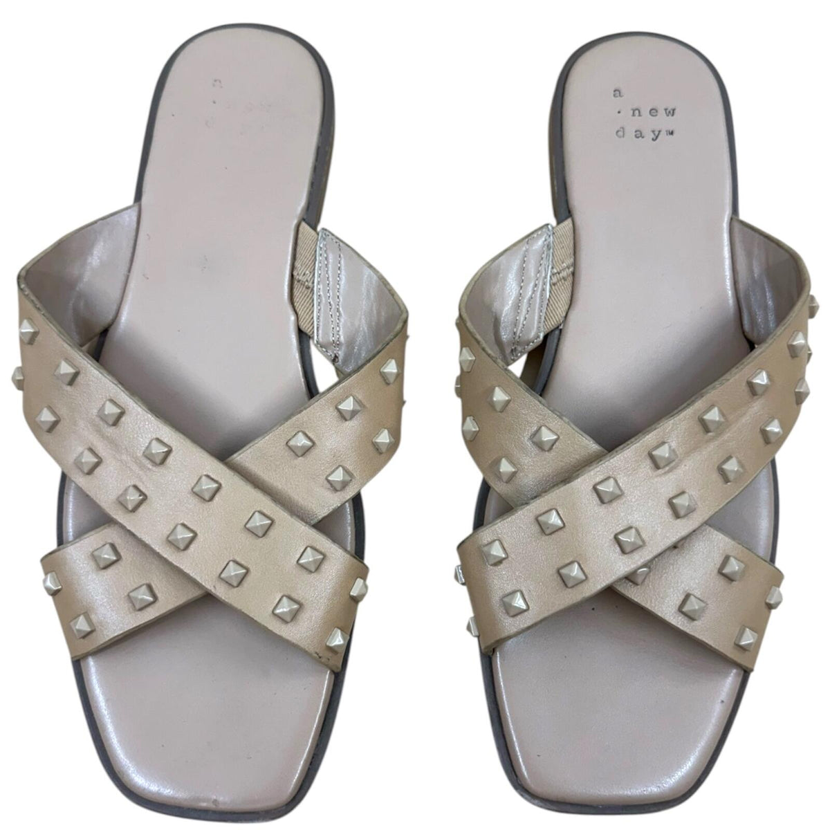 a new day Emmy Studded Crossband Sandals in Beige Tan Modern Minimalist Square