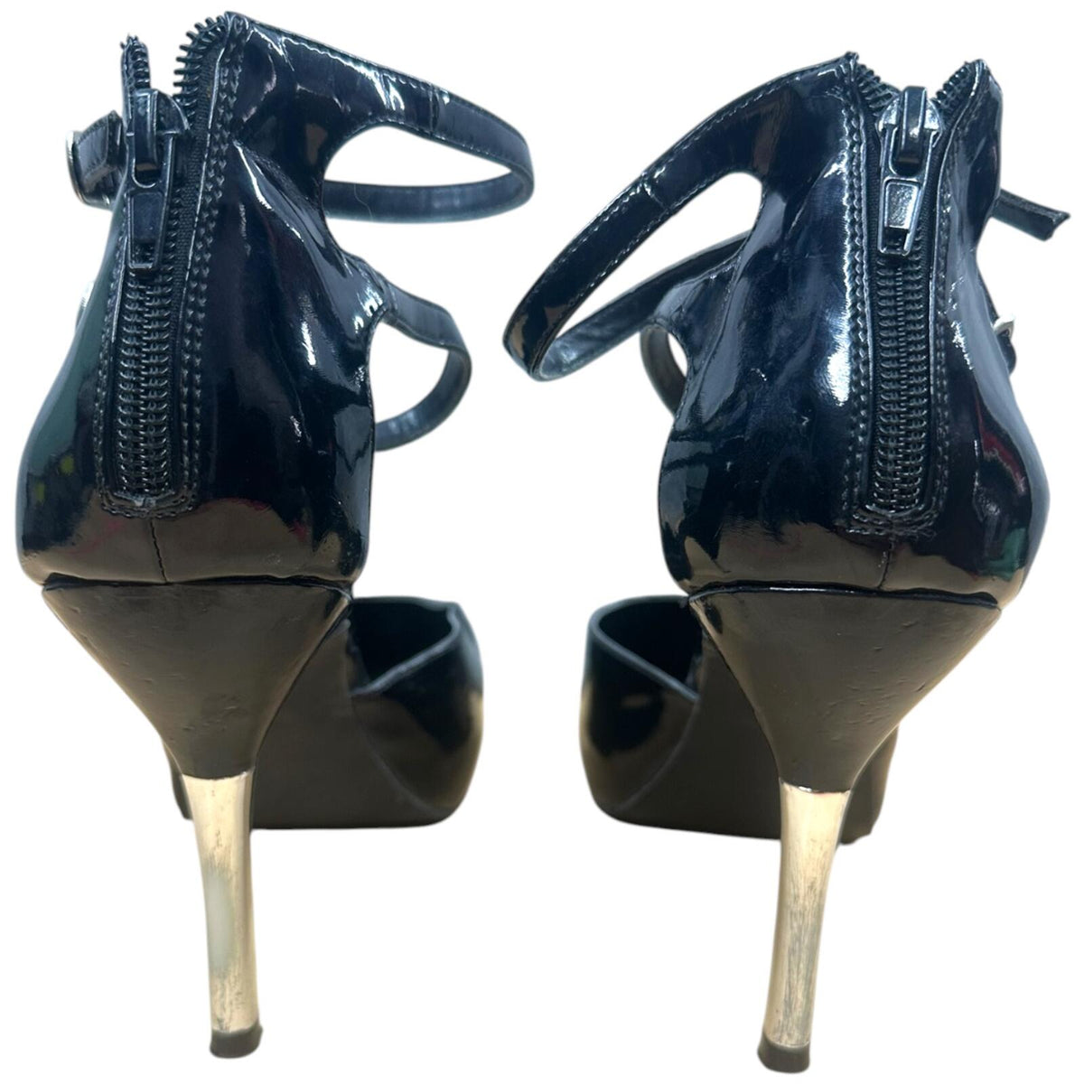 Westies Black Patent Leather Pumps with Silver Chrome Stiletto Heel Dual Ankle