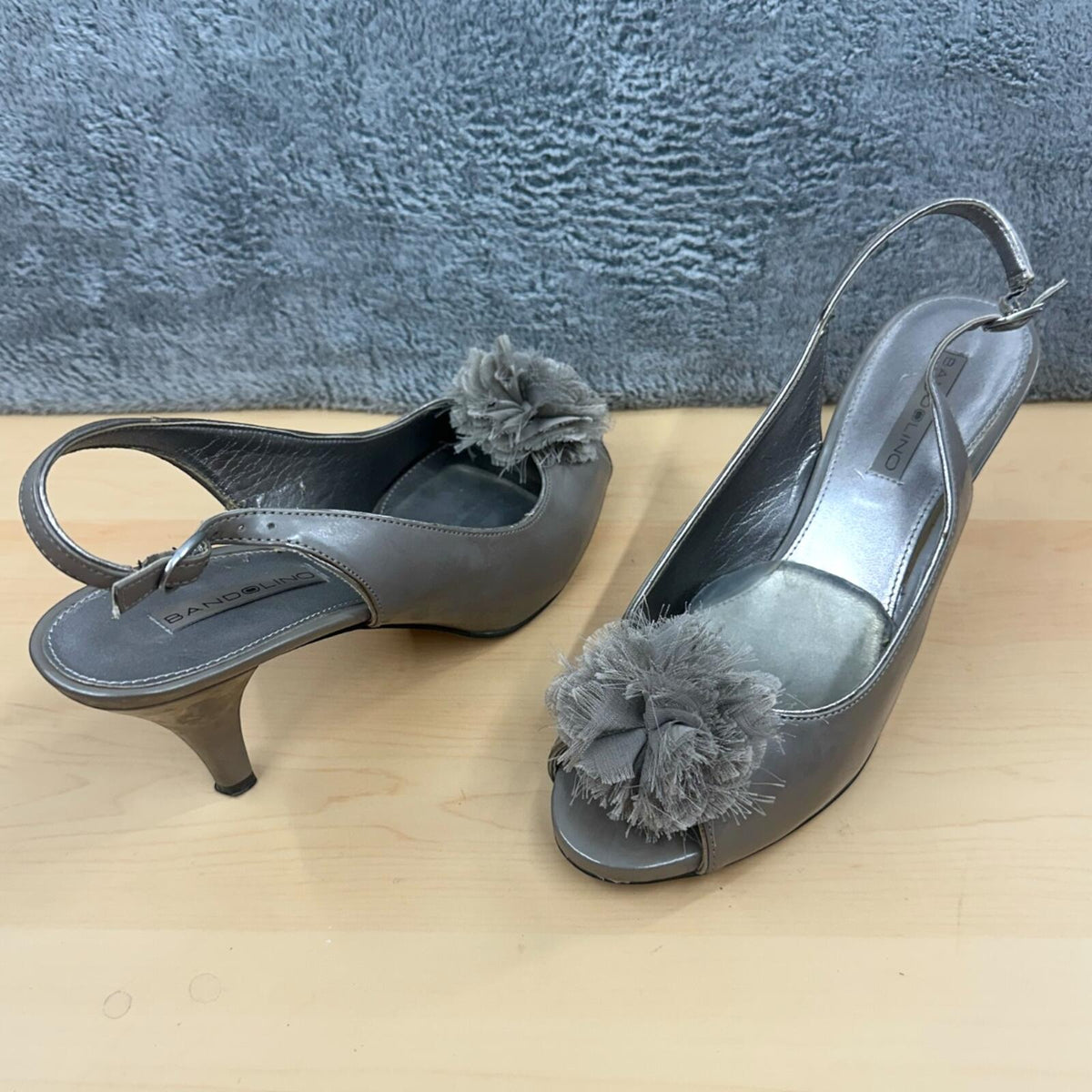 Bandolino Metallic Gunmetal Gray Slingback Heels with Frayed Tulle Pom Pom