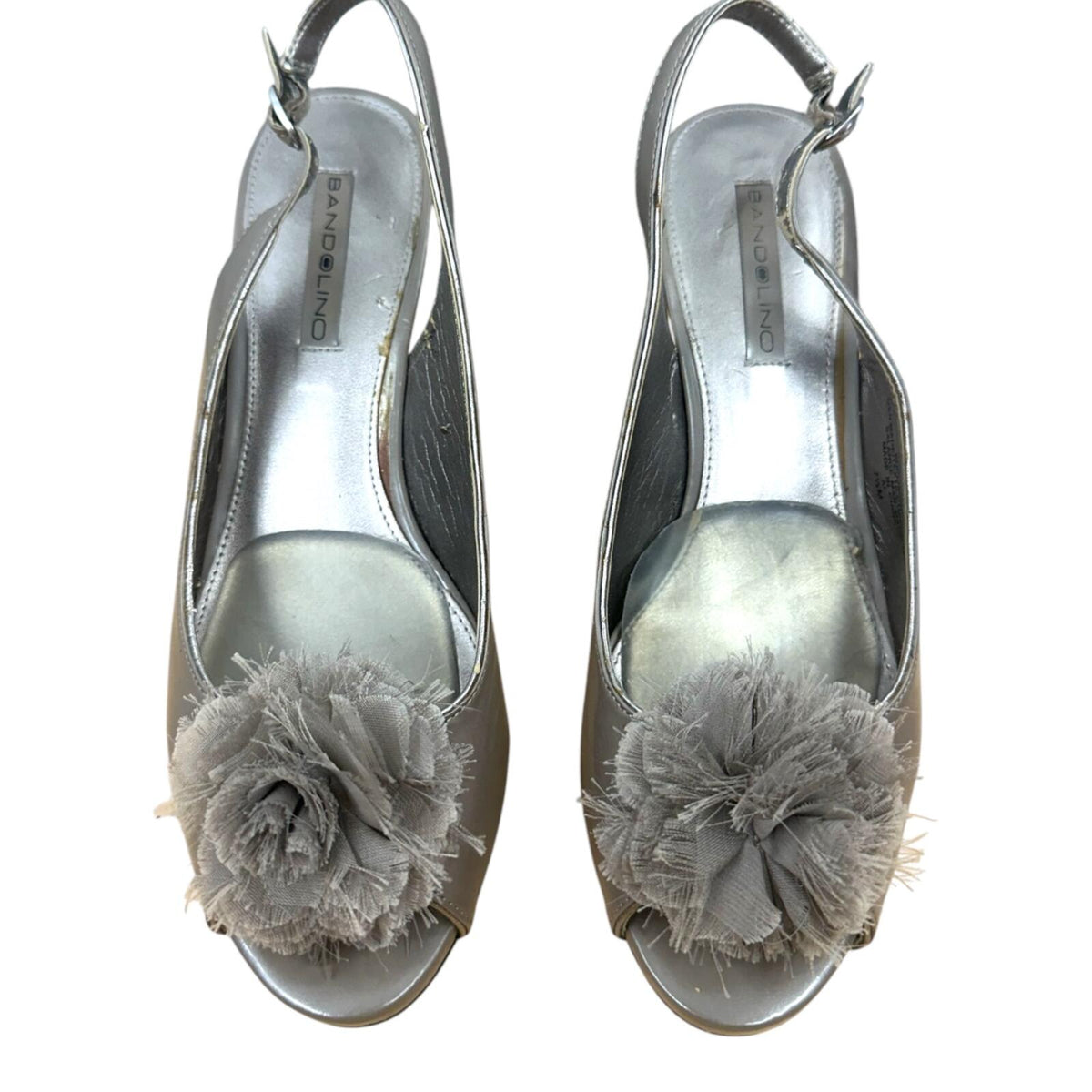 Bandolino Metallic Gunmetal Gray Slingback Heels with Frayed Tulle Pom Pom