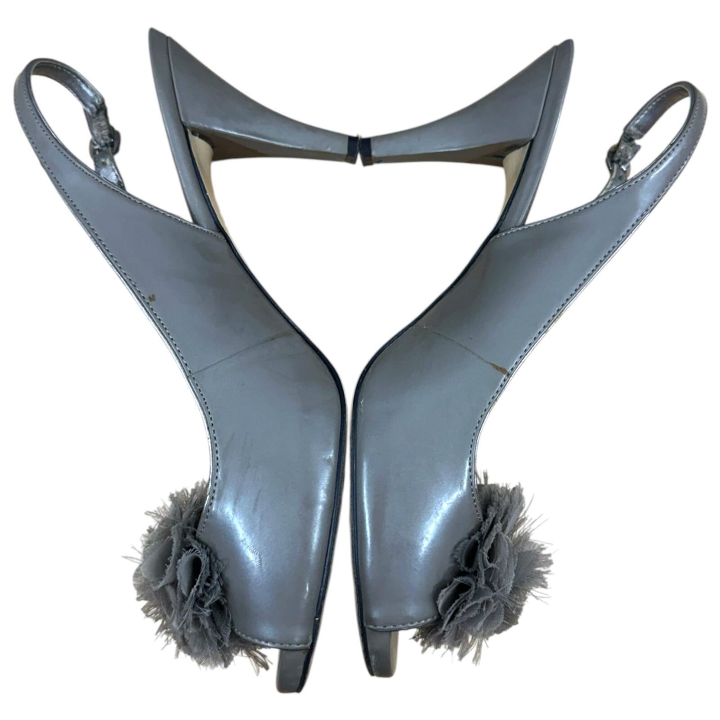 Bandolino Metallic Gunmetal Gray Slingback Heels with Frayed Tulle Pom Pom
