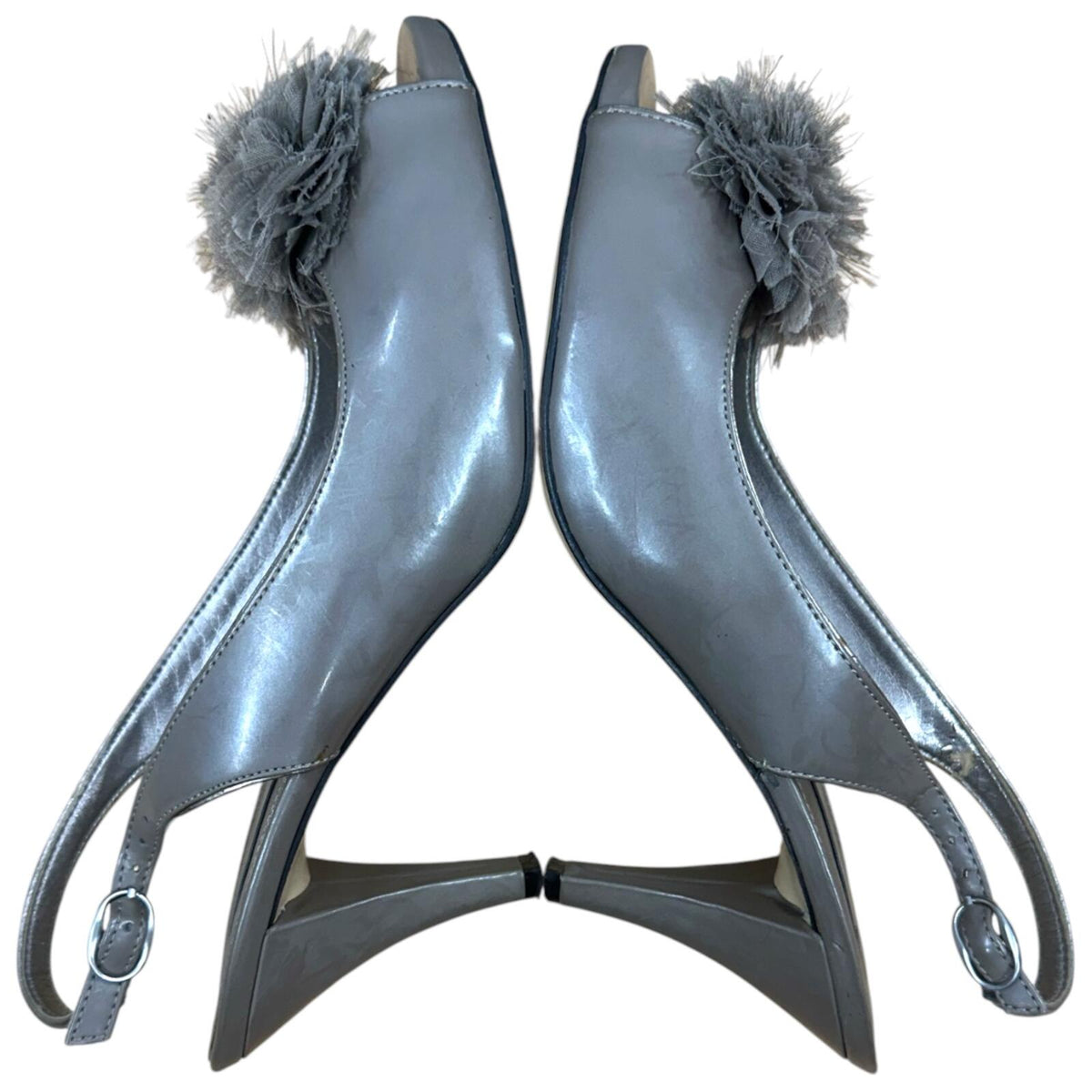 Bandolino Metallic Gunmetal Gray Slingback Heels with Frayed Tulle Pom Pom