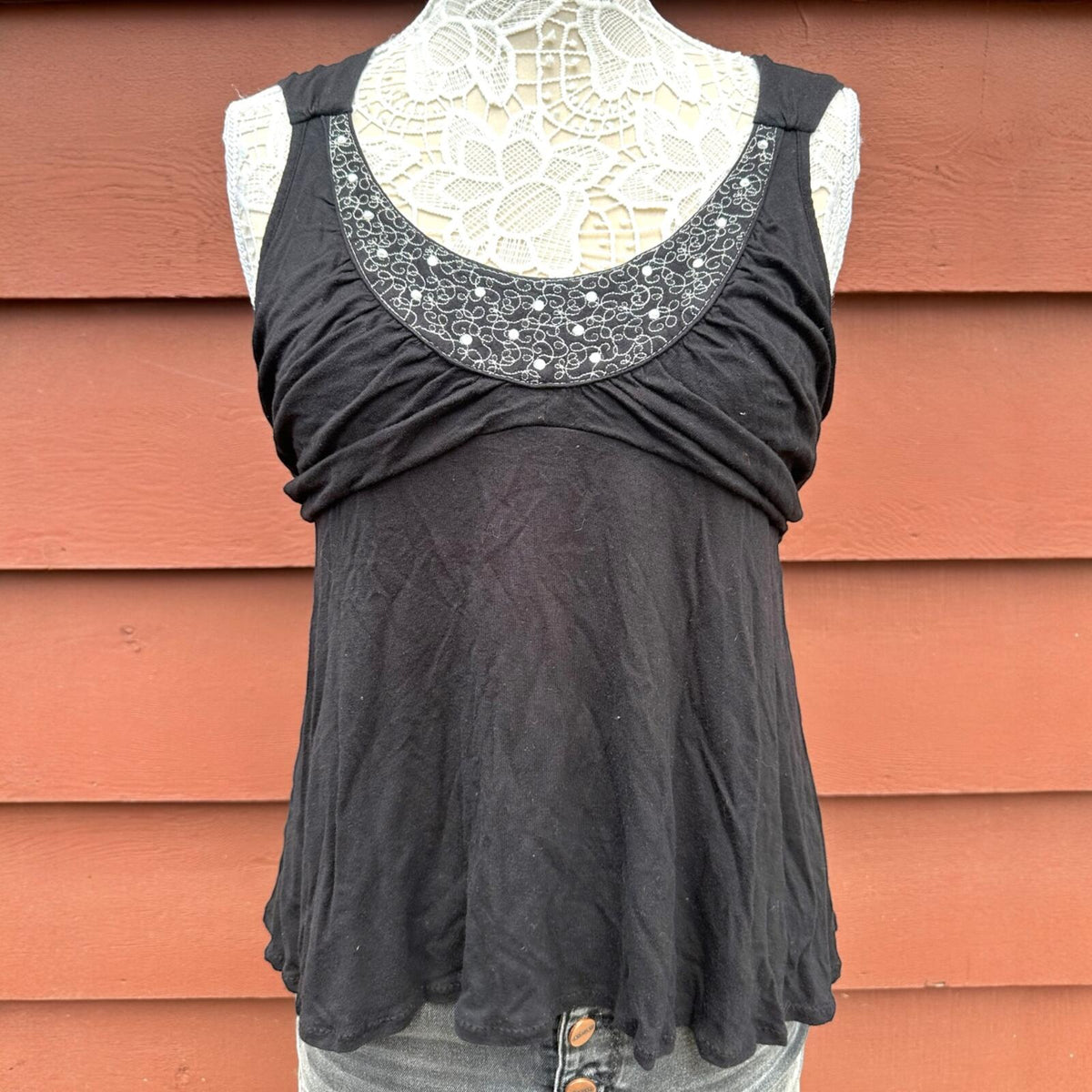 Y2K Daisy Fuentes Goth Glam Embellished Babydoll Top