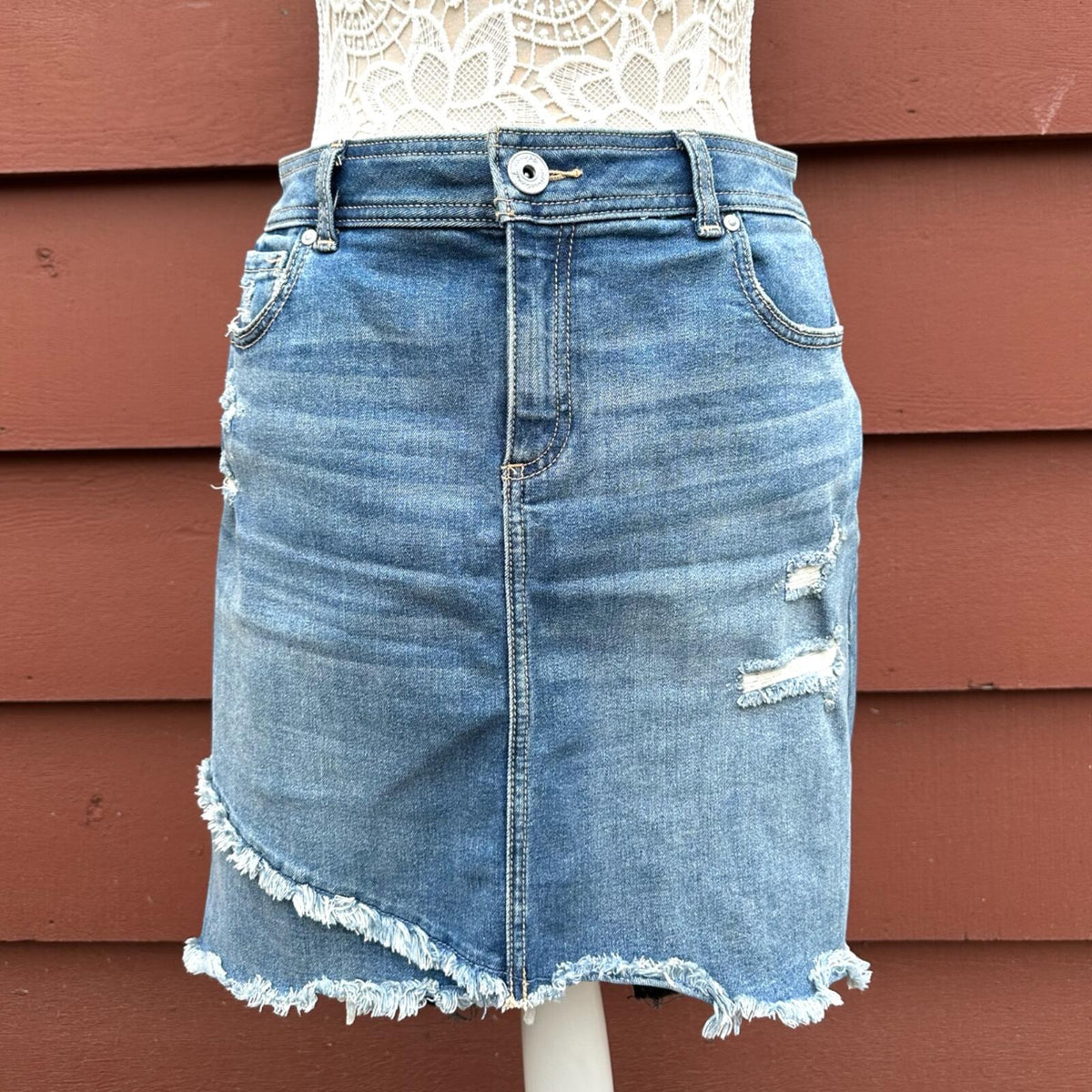 INC International Concepts Denim Mini Skirt Y2K Indie Sleaze Distressed Blue Fry