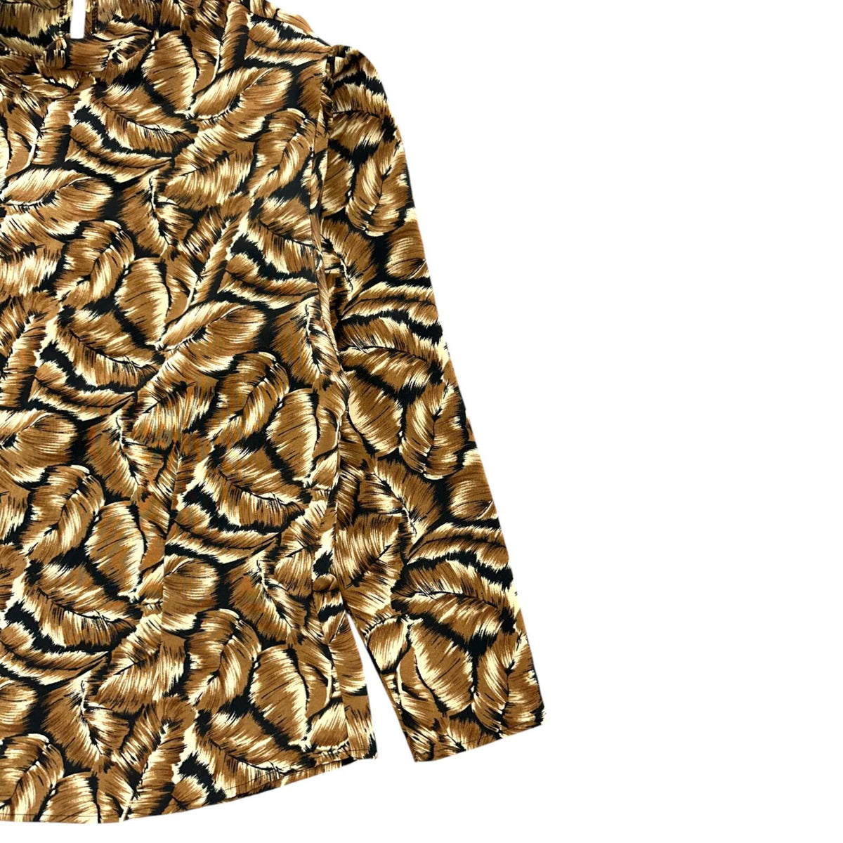 Sheridan Square Vintage Blouse Brown Black Feather Leaf Print Mock Neck Keyhole