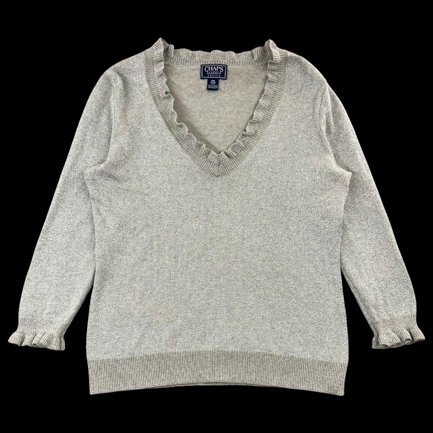 Chaps Classics Silver Metallic Knit Sweater with Ruffle Trim Coquette