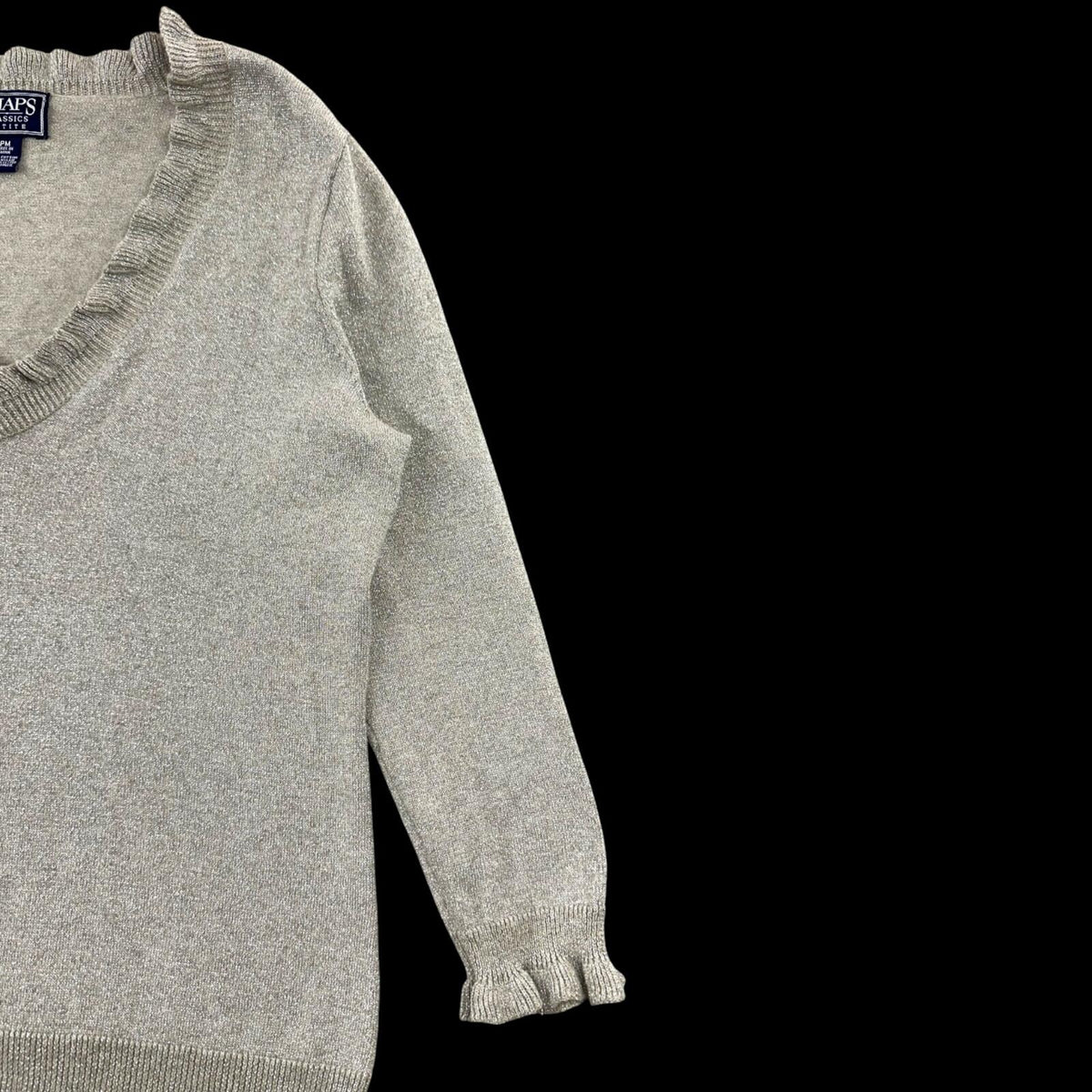 Chaps Classics Silver Metallic Knit Sweater with Ruffle Trim Coquette