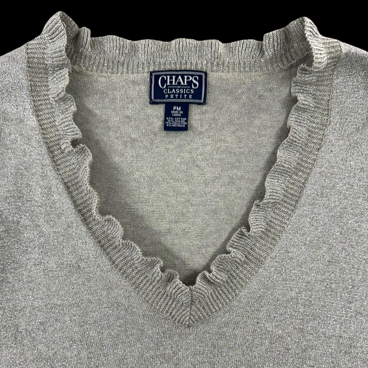 Chaps Classics Silver Metallic Knit Sweater with Ruffle Trim Coquette