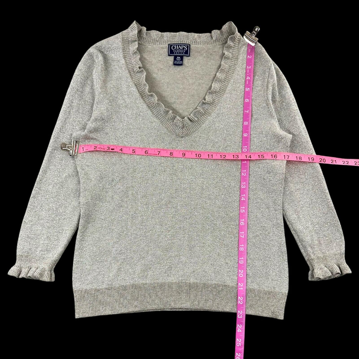 Chaps Classics Silver Metallic Knit Sweater with Ruffle Trim Coquette