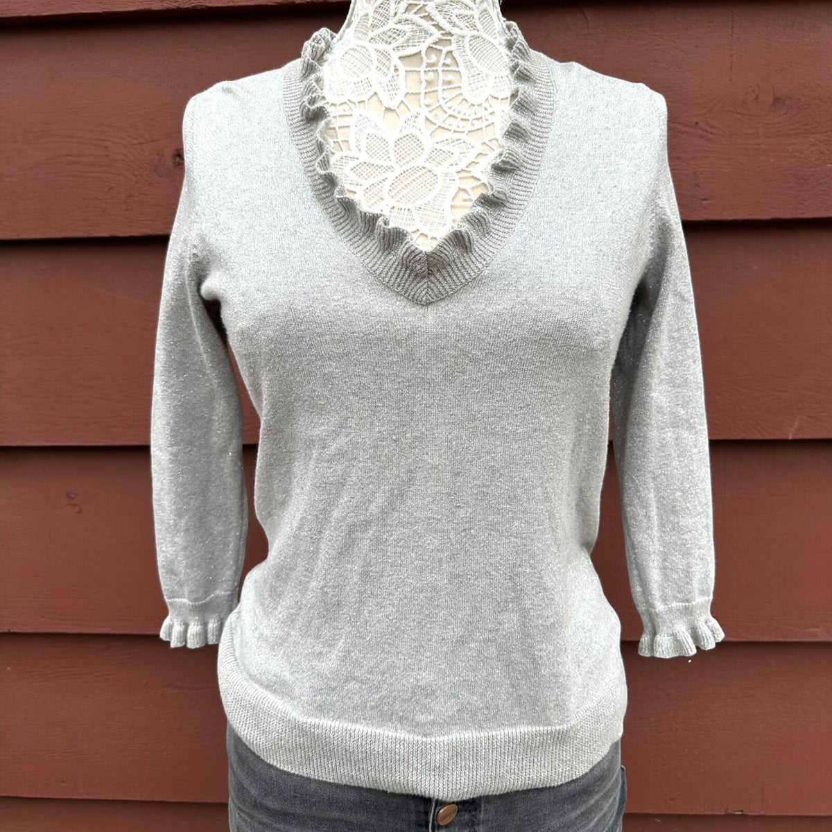 Chaps Classics Silver Metallic Knit Sweater with Ruffle Trim Coquette
