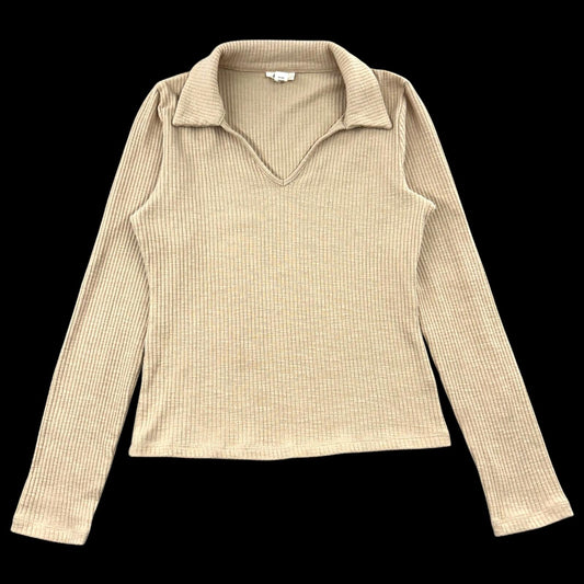 a.n.a A New Approach Beige Ribbed Knit Polo Top Office Siren