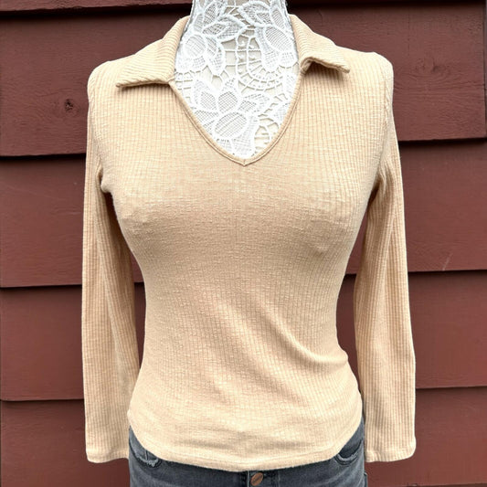 a.n.a A New Approach Beige Ribbed Knit Polo Top Office Siren