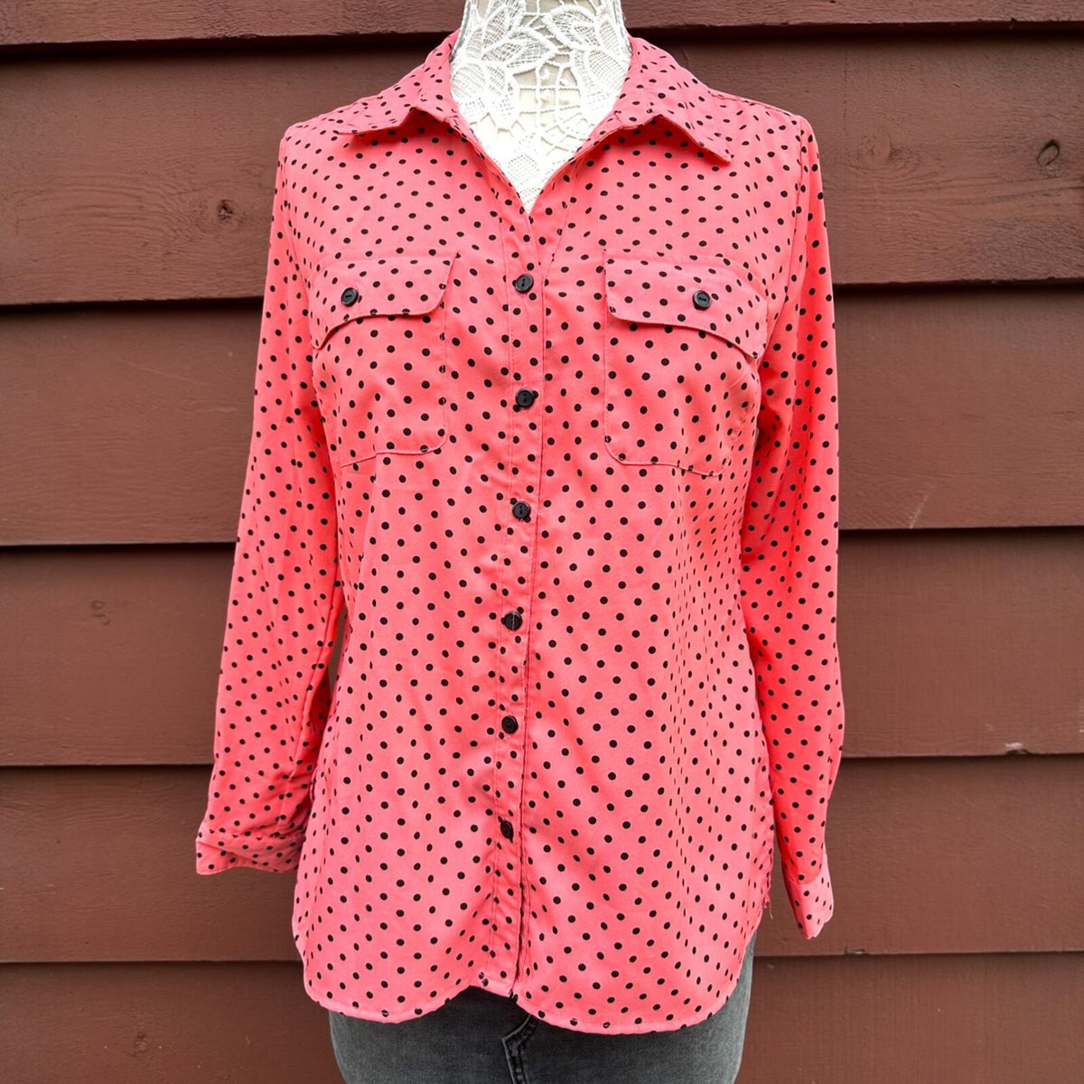 Coral Pink Polka Dot Blouse with Utility Pockets