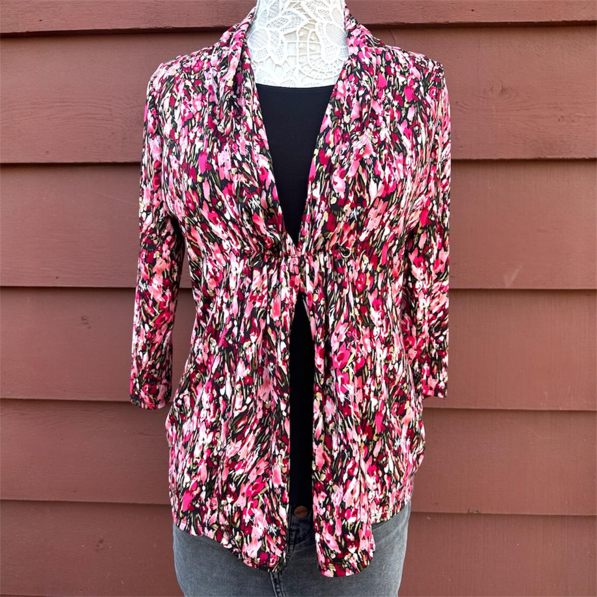 Notations Floral Ruched Waist Layered Top Pink Black
