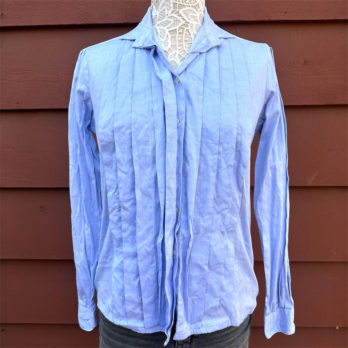 Vintage Cricketeer Pintuck Blouse in Oxford Blue 90s Tailored