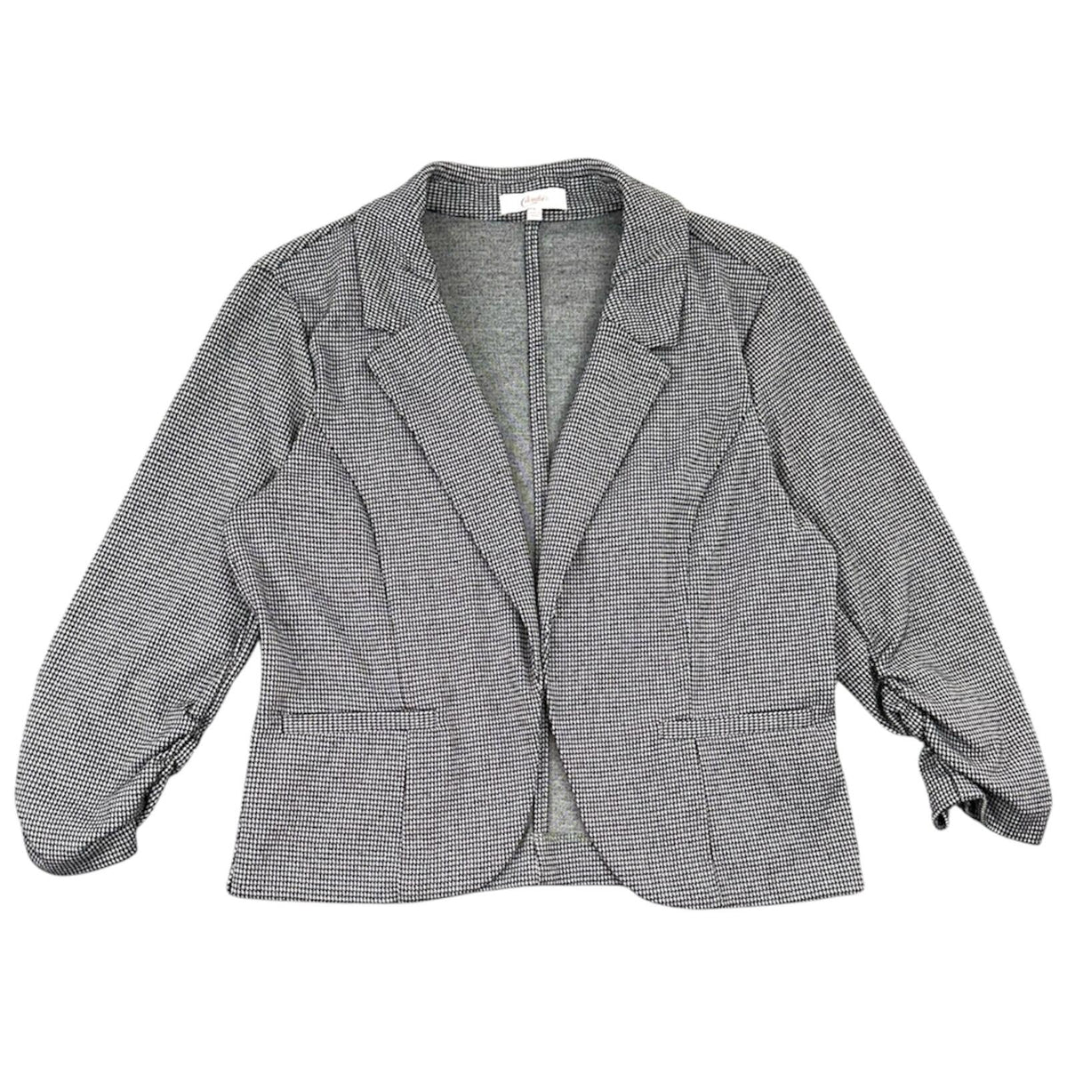 Candie's Black and White Micro Houndstooth Blazer with Ruched Sleeves