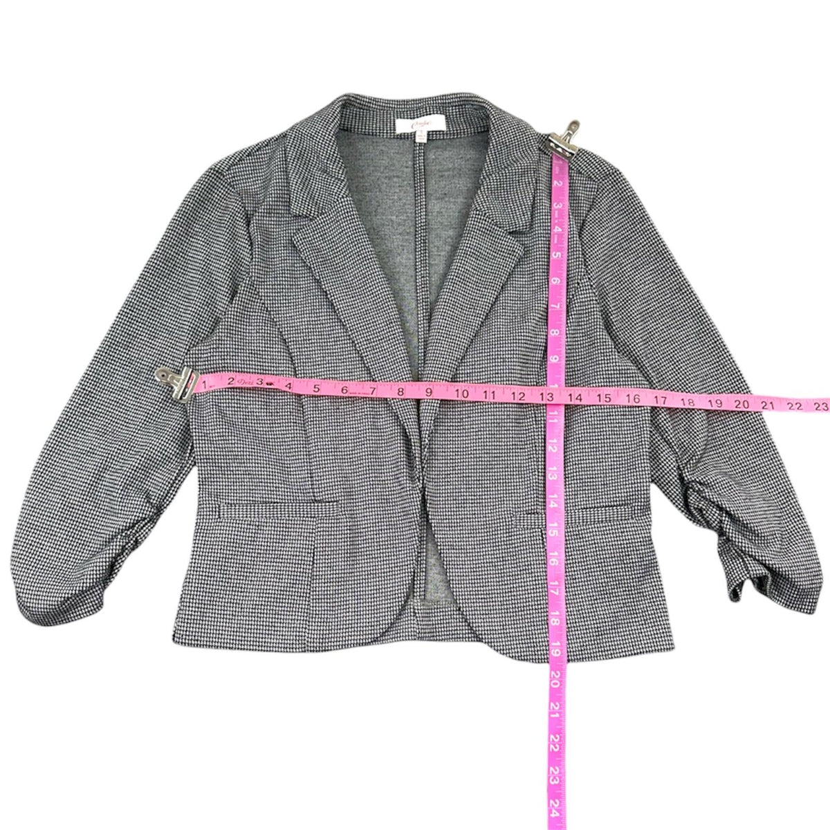 Candie's Black and White Micro Houndstooth Blazer with Ruched Sleeves