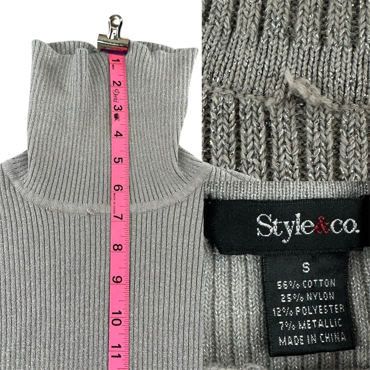 Style & Co Metallic Silver Ribbed Turtleneck Sweater Gray Silver