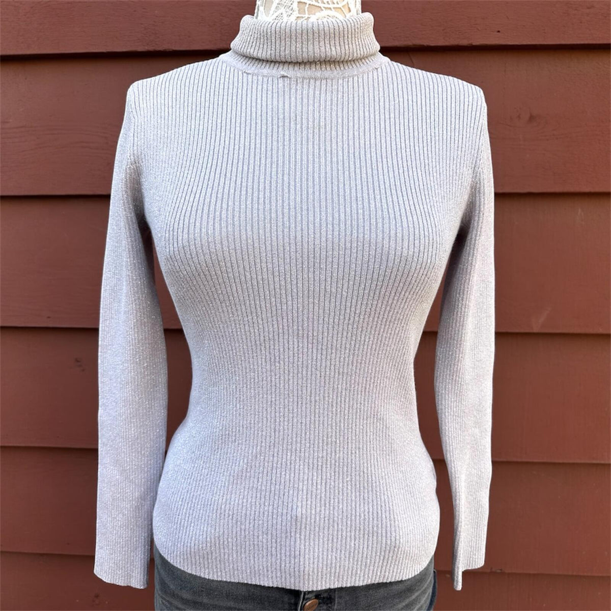 Style & Co Metallic Silver Ribbed Turtleneck Sweater Gray Silver