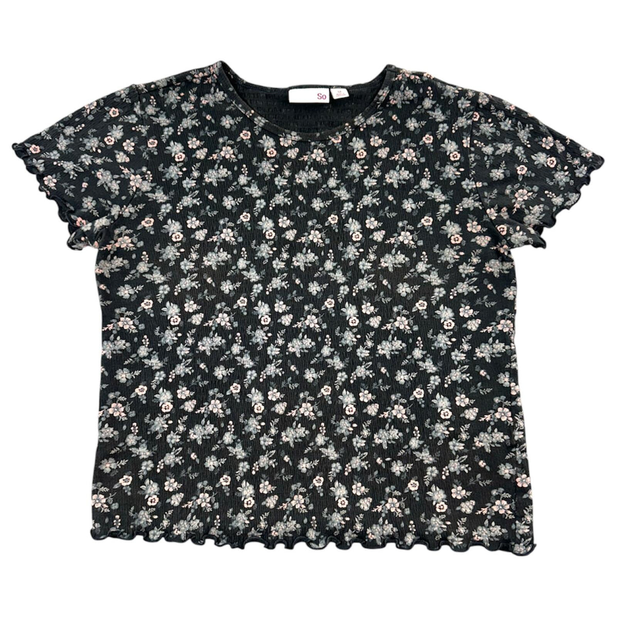SO Black Floral Ribbed Baby Tee Y2K Whimsigoth Indie Sleaze Coquette