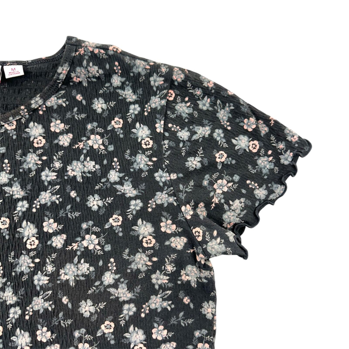 SO Black Floral Ribbed Baby Tee Y2K Whimsigoth Indie Sleaze Coquette
