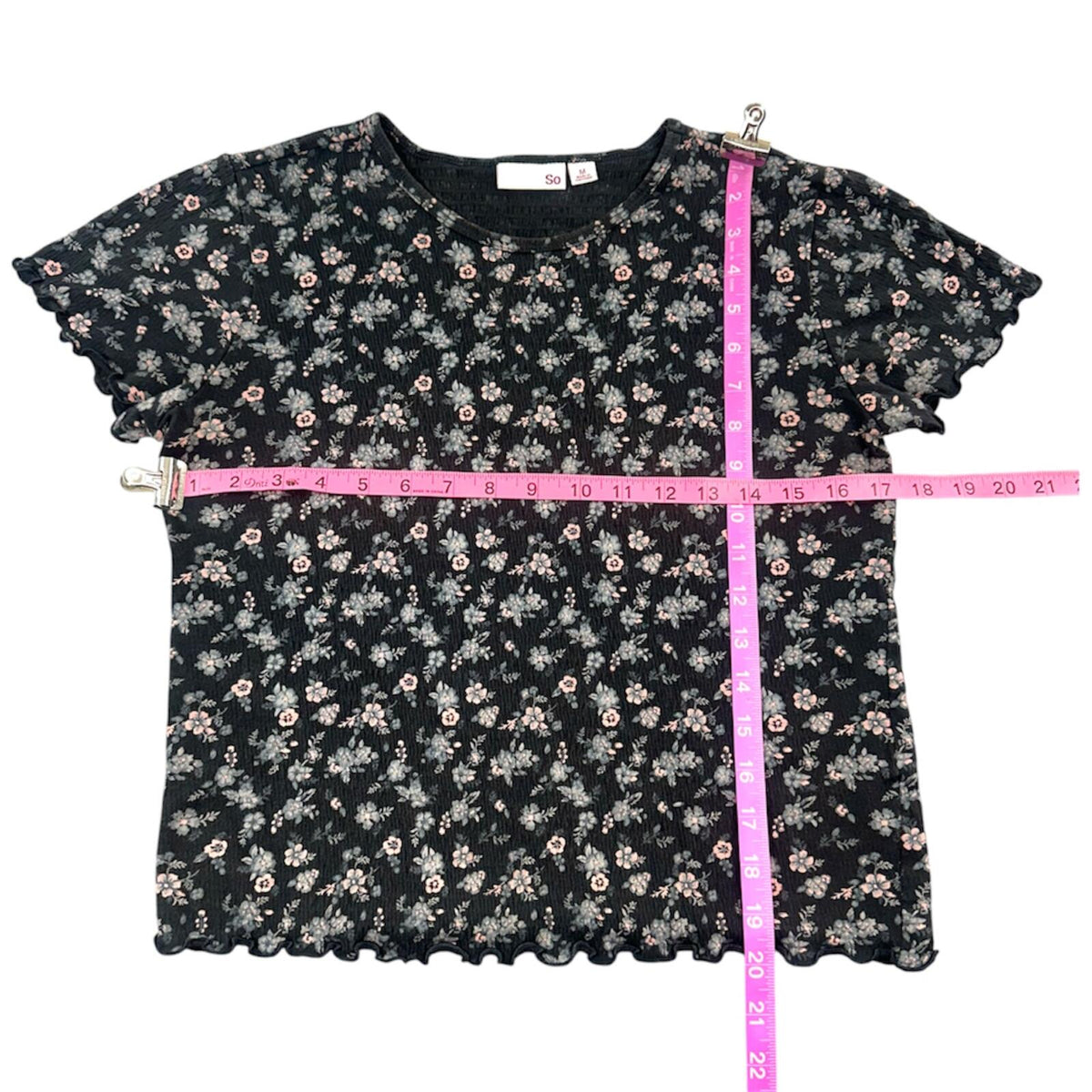 SO Black Floral Ribbed Baby Tee Y2K Whimsigoth Indie Sleaze Coquette