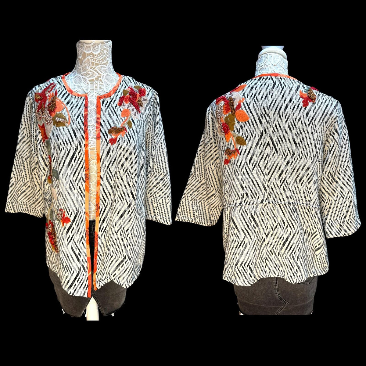 Chico's Embroidered Floral Bohemian Quilted Jacket Geometric