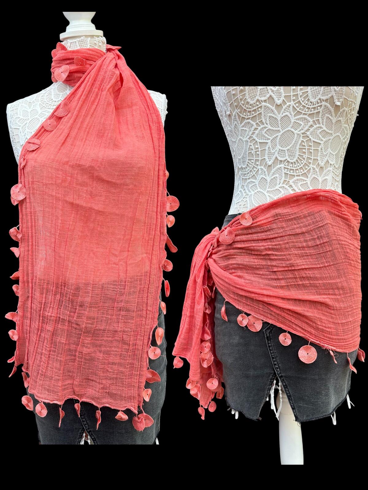 Charming Charlie Bohemian Coral Pink Crochet Trim Scarf