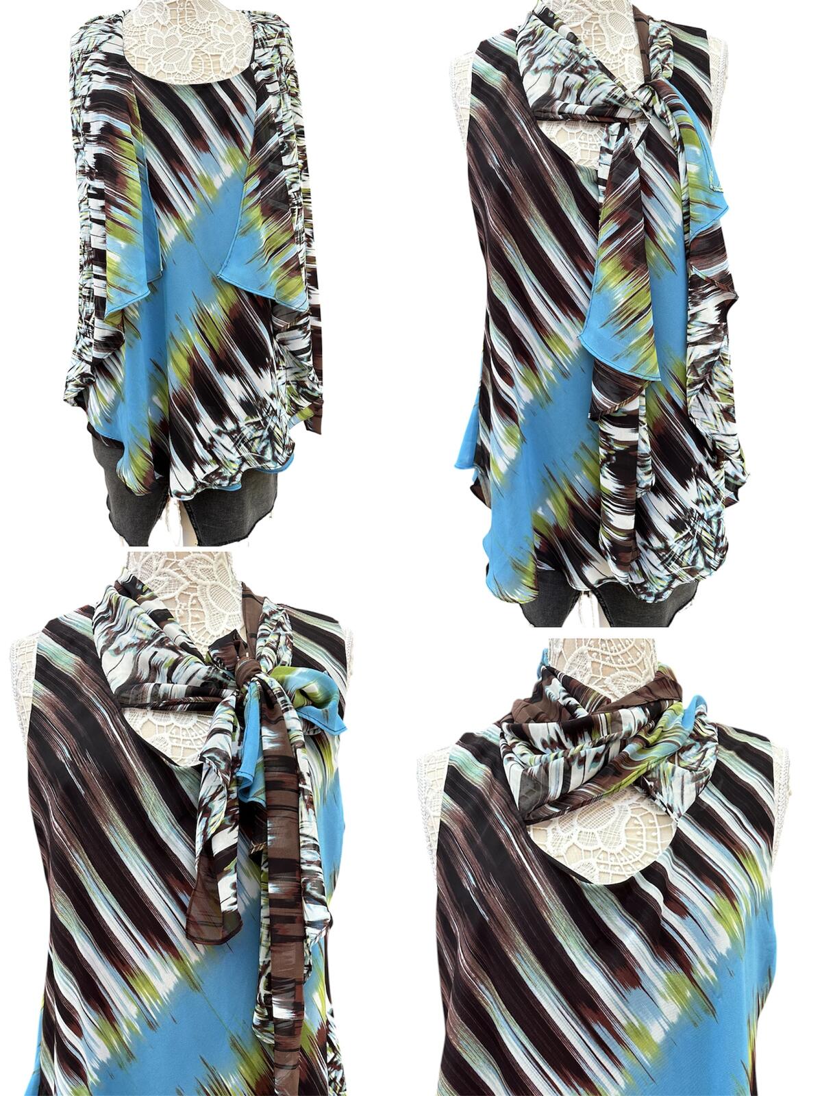 Abstract Striped Flowing Top with Scarf Detail