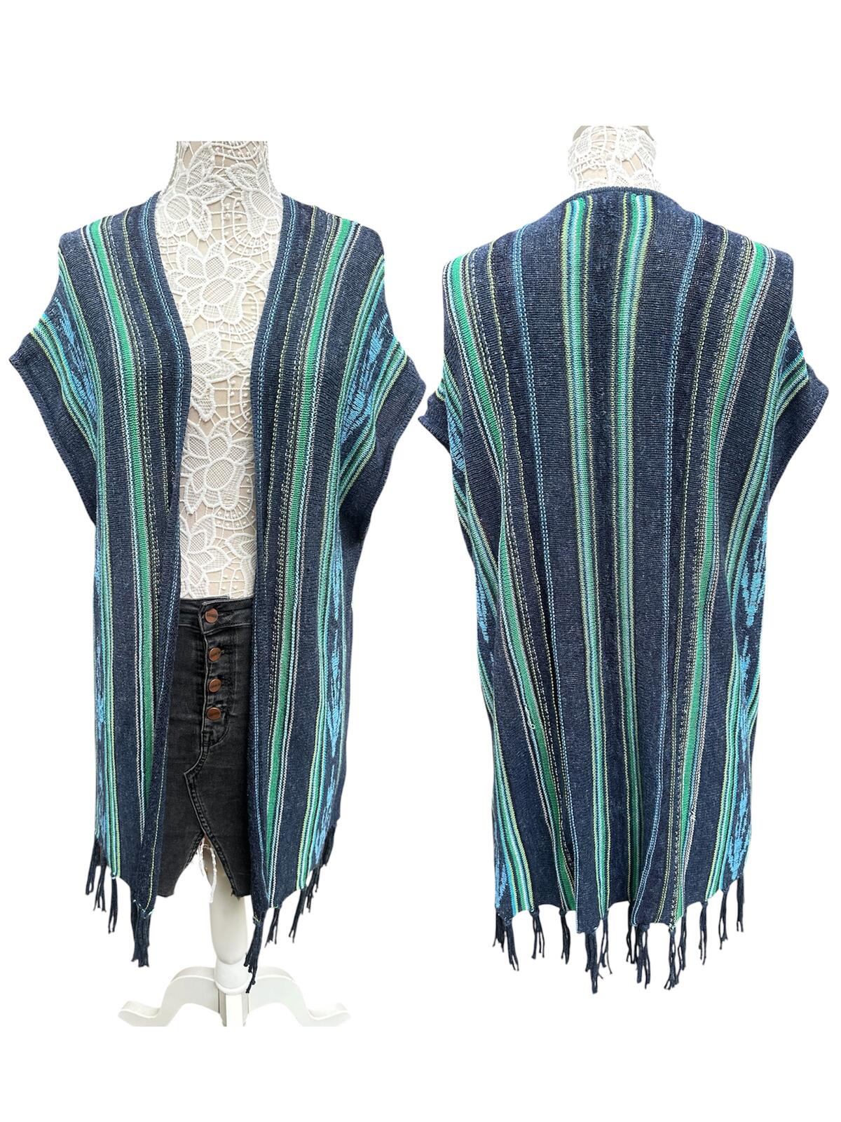 Chaps Vintage Striped Knit Poncho with Fringe Navy Green Bohemian Fall